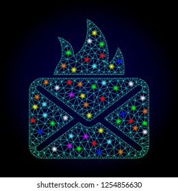 Glossy polygonal mesh hot mail icon with glow effect on a dark background. Carcass hot mail iconic vector with flash multicolored dots for Christmas illustrations. Abstract light blue mesh lines,