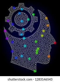 Glossy polygonal mesh human intellect gear icon with glow effect on a dark background. Carcass human intellect gear iconic vector with flash multi colored points in rainbow colors.