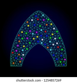 Glossy polygonal mesh igloo home icon with glow effect on a dark background. Carcass igloo home iconic vector with glitter multi colored spheres for Christmas templates.
