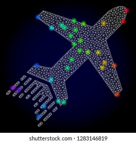 Glossy Polygonal Mesh Jet Liner Icon With Glow Effect On A Dark Background. Carcass Jet Liner Iconic Vector With Glowing Multi Colored Points In Rainbow Colors. Abstract White Mesh Lines,