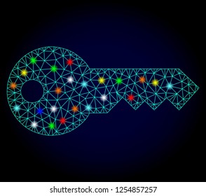 Glossy polygonal mesh key icon with glow effect on a dark background. Carcass key iconic vector with glowing multi colored dots for New Year templates. Abstract light blue mesh lines, triangles,