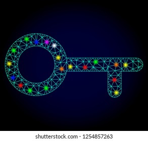 Glossy polygonal mesh key icon with glare effect on a dark background. Carcass key iconic vector with glitter multi colored spheres for New Year templates. Abstract light blue mesh lines, triangles,