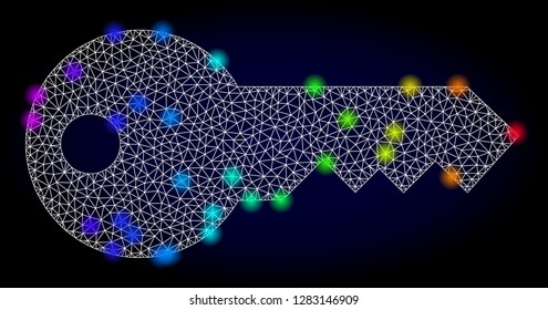 Glossy polygonal mesh key icon with glow effect on a dark background. Carcass key iconic vector with glamour multi colored points in spectrum colors. Abstract white mesh lines,
