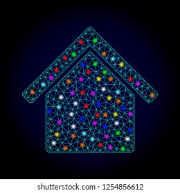 Glossy polygonal mesh kitchen building icon with glare effect on a dark background. Carcass kitchen building iconic vector with glamour multi colored spheres for New Year posters.