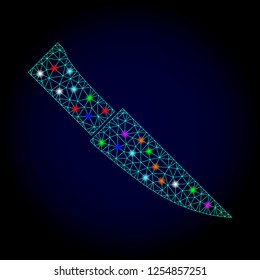Glossy polygonal mesh knife icon with glow effect on a dark background. Carcass knife iconic vector with glitter colorful spheres for New Year templates. Abstract light blue mesh lines, triangles,