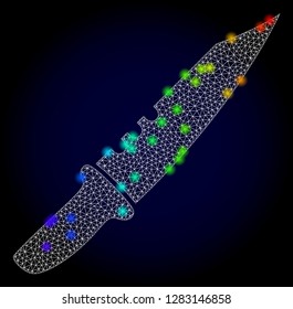 Glossy polygonal mesh knife icon with glare effect on a dark background. Carcass knife iconic vector with flash multi colored points in rainbow colors. Abstract white mesh lines,