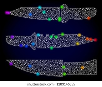 Glossy polygonal mesh knives icon with glow effect on a dark background. Carcass knives iconic vector with glowing multi colored dots in spectrum colors. Abstract white mesh lines,
