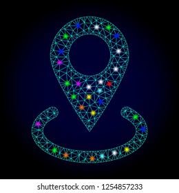 Glossy polygonal mesh location icon with glare effect on a dark background. Carcass location iconic vector with glitter colorful points for Christmas posters. Abstract light blue mesh lines,