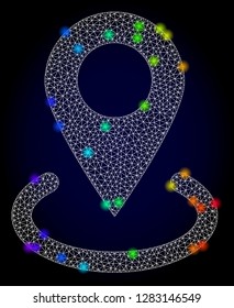 Glossy polygonal mesh location icon with glow effect on a dark background. Carcass location iconic vector with flash multi colored points in rainbow colors. Abstract white mesh lines,