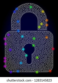 Glossy polygonal mesh lock icon with glow effect on a dark background. Carcass lock iconic vector with flash multicolored points in rainbow colors. Abstract white mesh lines,
