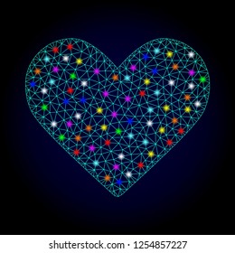 Glossy polygonal mesh love heart icon with glare effect on a dark background. Carcass love heart iconic vector with glitter colorful dots for New Year illustrations. Abstract light blue mesh lines,