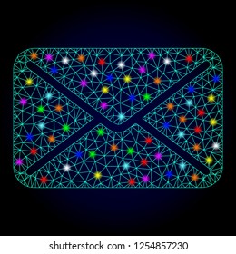 Glossy polygonal mesh mail icon with glow effect on a dark background. Carcass mail iconic vector with illuminated multi colored points for New Year templates. Abstract light blue mesh lines,