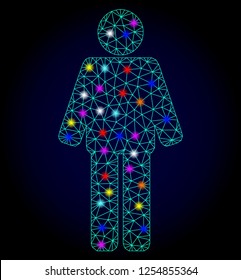 Glossy polygonal mesh man icon with glow effect on a dark background. Carcass man iconic vector with illuminated multicolored spheres for Christmas templates. Abstract light blue mesh lines,