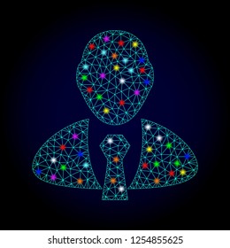 Glossy polygonal mesh manager icon with glare effect on a dark background. Carcass manager iconic vector with glamour multi colored points for Christmas templates. Abstract light blue mesh lines,