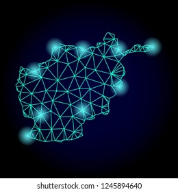 Glossy polygonal mesh map of Afghanistan with glow effect. Abstract mesh lines, triangles, light spots and points on dark background with map of Afghanistan.