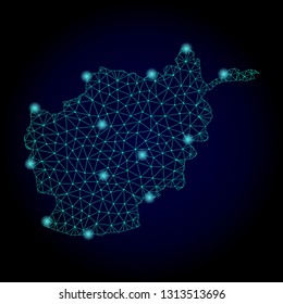 Glossy polygonal mesh map of Afghanistan. Abstract mesh lines, triangles, light spots and points on dark background with map of Afghanistan.