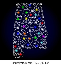 Glossy polygonal mesh map of Alabama State with glare effect. Vector carcass map of Alabama State with glowing multi colored dots for New Year templates. White mesh lines. Dark blue background.
