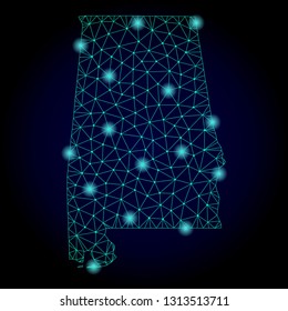 Glossy polygonal mesh map of Alabama State. Abstract mesh lines, triangles, light spots and points on dark background with map of Alabama State.