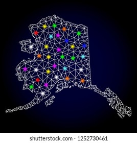 Glossy polygonal mesh map of Alaska State with glare effect. Vector carcass map of Alaska State with glowing multi colored dots for New Year posters. White mesh lines. Dark blue background.