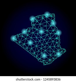 Glossy polygonal mesh map of Algeria with glare effect. Abstract mesh lines, triangles, light spots and points on dark background with map of Algeria.
