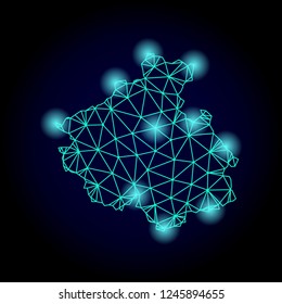 Glossy polygonal mesh map of Altai Republic with glare effect. Abstract mesh lines, triangles, light spots and points on dark background with map of Altai Republic.