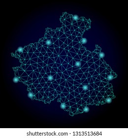 Glossy polygonal mesh map of Altai Republic. Abstract mesh lines, triangles, light spots and points on dark background with map of Altai Republic.
