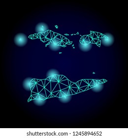 Glossy polygonal mesh map of American Virgin Islands with glow effect. Abstract mesh lines, triangles, light spots and points on dark background with map of American Virgin Islands.
