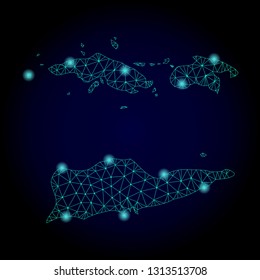 Glossy polygonal mesh map of American Virgin Islands. Abstract mesh lines, triangles, light spots and points on dark background with map of American Virgin Islands.