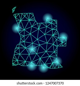 Glossy polygonal mesh map of Angola with glare effect. Abstract mesh lines, triangles, light spots and points on dark background with map of Angola.