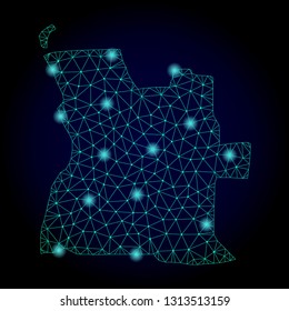 Glossy polygonal mesh map of Angola. Abstract mesh lines, triangles, light spots and points on dark background with map of Angola.