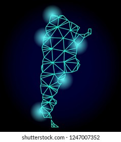 Glossy polygonal mesh map of Argentina with glare effect. Abstract mesh lines, triangles, light spots and points on dark background with map of Argentina.