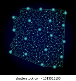 Glossy polygonal mesh map of Arizona State. Abstract mesh lines, triangles, light spots and points on dark background with map of Arizona State.