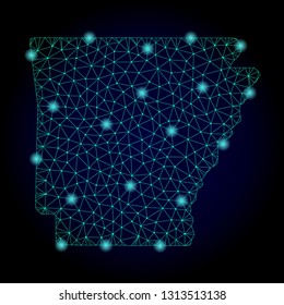 Glossy polygonal mesh map of Arkansas State. Abstract mesh lines, triangles, light spots and points on dark background with map of Arkansas State.