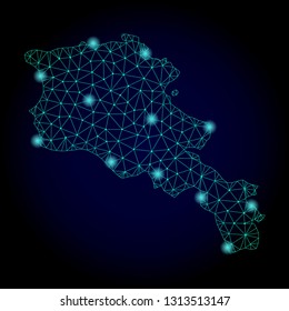 Glossy polygonal mesh map of Armenia. Abstract mesh lines, triangles, light spots and points on dark background with map of Armenia.