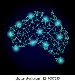 Glossy polygonal mesh map of Australia with glare effect. Abstract mesh lines, triangles, light spots and points on dark background with map of Australia.