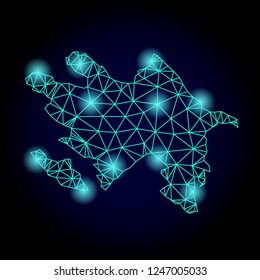 Glossy polygonal mesh map of Azerbaijan with glare effect. Abstract mesh lines, triangles, light spots and points on dark background with map of Azerbaijan.