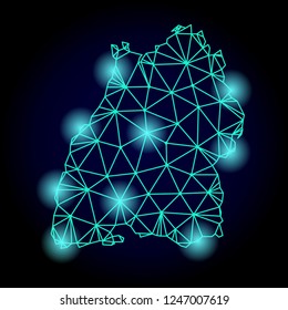 Glossy polygonal mesh map of Baden-Wurttemberg State with glare effect. Abstract mesh lines, triangles, light spots and points on dark background with map of Baden-Wurttemberg State.