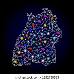 Glossy polygonal mesh map of Baden-Wurttemberg State with glow effect. Vector carcass map of Baden-Wurttemberg State with glowing colorful spheres for New Year illustrations. White mesh lines.