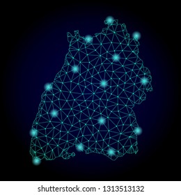 Glossy polygonal mesh map of Baden-Wurttemberg State. Abstract mesh lines, triangles, light spots and points on dark background with map of Baden-Wurttemberg State.