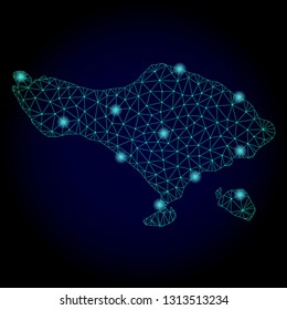 Glossy polygonal mesh map of Bali Island. Abstract mesh lines, triangles, light spots and points on dark background with map of Bali Island.