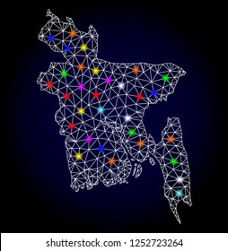 Glossy polygonal mesh map of Bangladesh with glow effect. Vector carcass map of Bangladesh with glowing colorful points for Christmas illustrations. White mesh lines. Dark blue background.