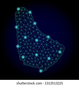 Glossy polygonal mesh map of Barbados. Abstract mesh lines, triangles, light spots and points on dark background with map of Barbados.