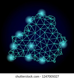 Glossy polygonal mesh map of Belarus with glow effect. Abstract mesh lines, triangles, light spots and points on dark background with map of Belarus.