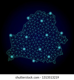 Glossy polygonal mesh map of Belarus. Abstract mesh lines, triangles, light spots and points on dark background with map of Belarus.