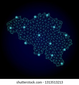 Glossy polygonal mesh map of Belgium. Abstract mesh lines, triangles, light spots and points on dark background with map of Belgium.