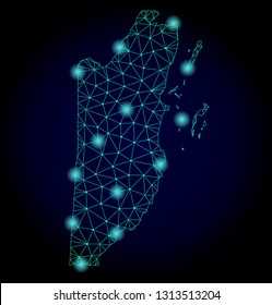 Glossy polygonal mesh map of Belize. Abstract mesh lines, triangles, light spots and points on dark background with map of Belize.