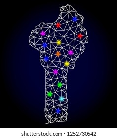 Glossy polygonal mesh map of Benin with glare effect. Vector carcass map of Benin with glowing colorful spheres for New Year illustrations. White mesh lines. Dark blue background.