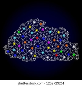 Glossy polygonal mesh map of Bhutan with glow effect. Vector carcass map of Bhutan with glowing multi colored points for New Year illustrations. White mesh lines. Dark blue background.