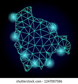 Glossy polygonal mesh map of Bolivia with glare effect. Abstract mesh lines, triangles, light spots and points on dark background with map of Bolivia.