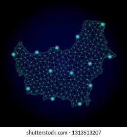 Glossy polygonal mesh map of Borneo Island. Abstract mesh lines, triangles, light spots and points on dark background with map of Borneo Island.